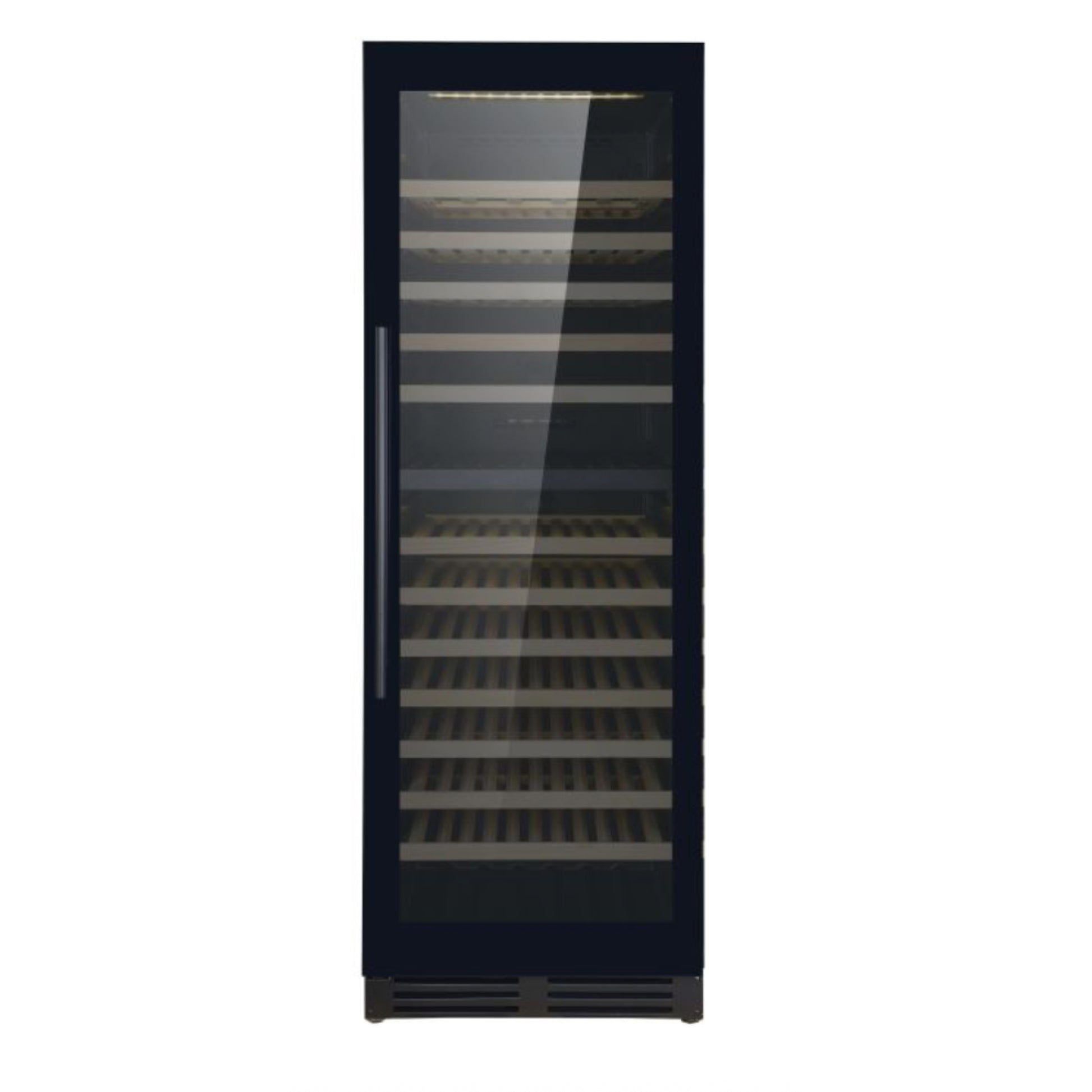 Black wine cooler with glass door on a white background