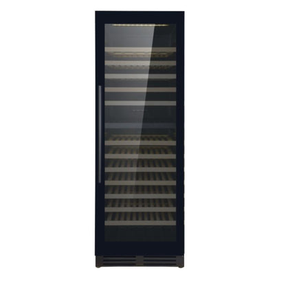 Black wine cooler with glass door on a white background