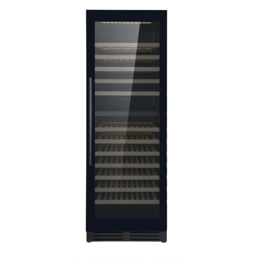 Black wine cooler with glass door on a white background
