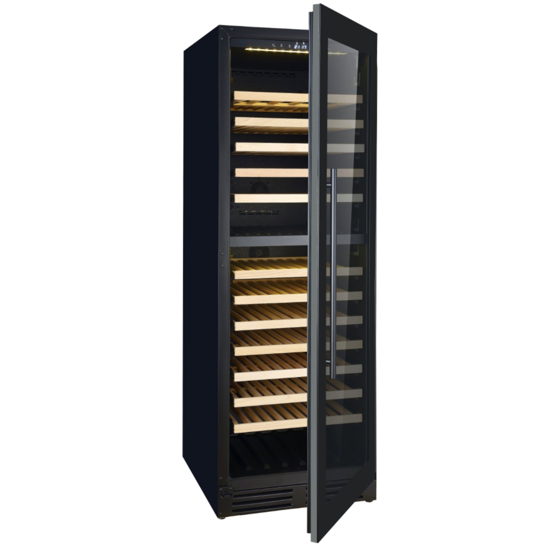 Black wine cooler with open door on a white background