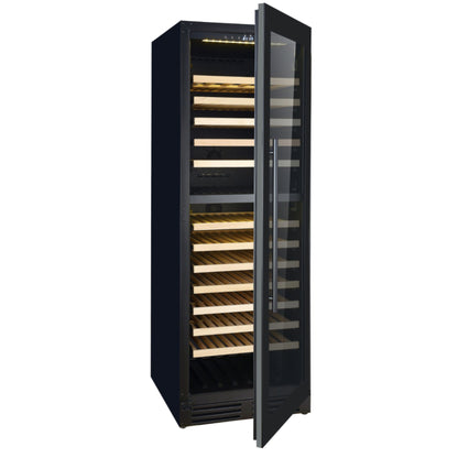 Black wine cooler with open door on a white background