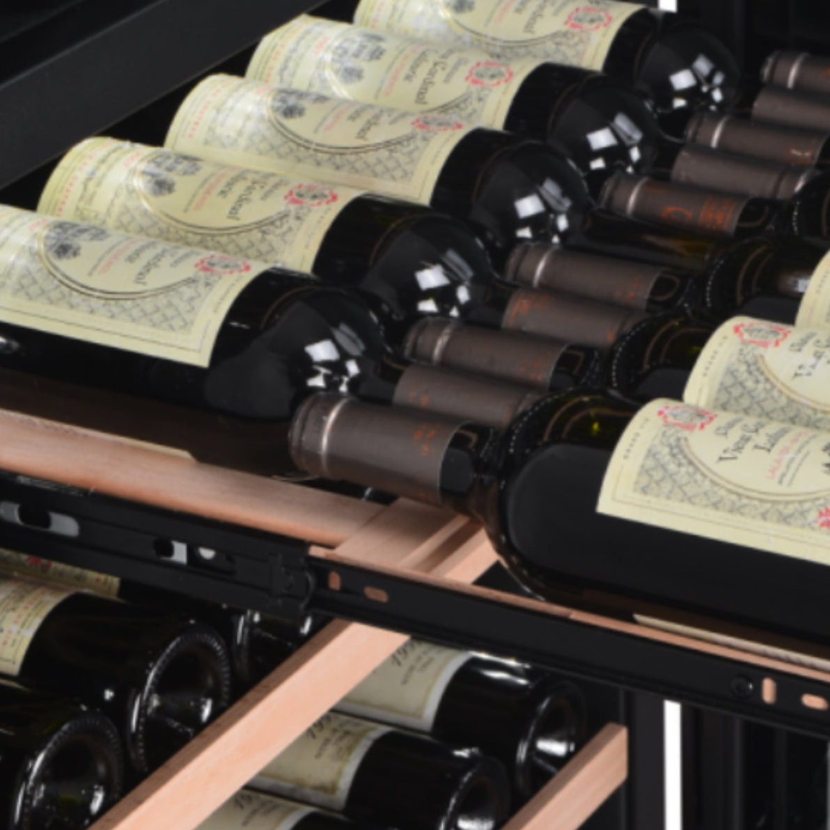 Wine bottles in a modern wine rack with wooden shelves.