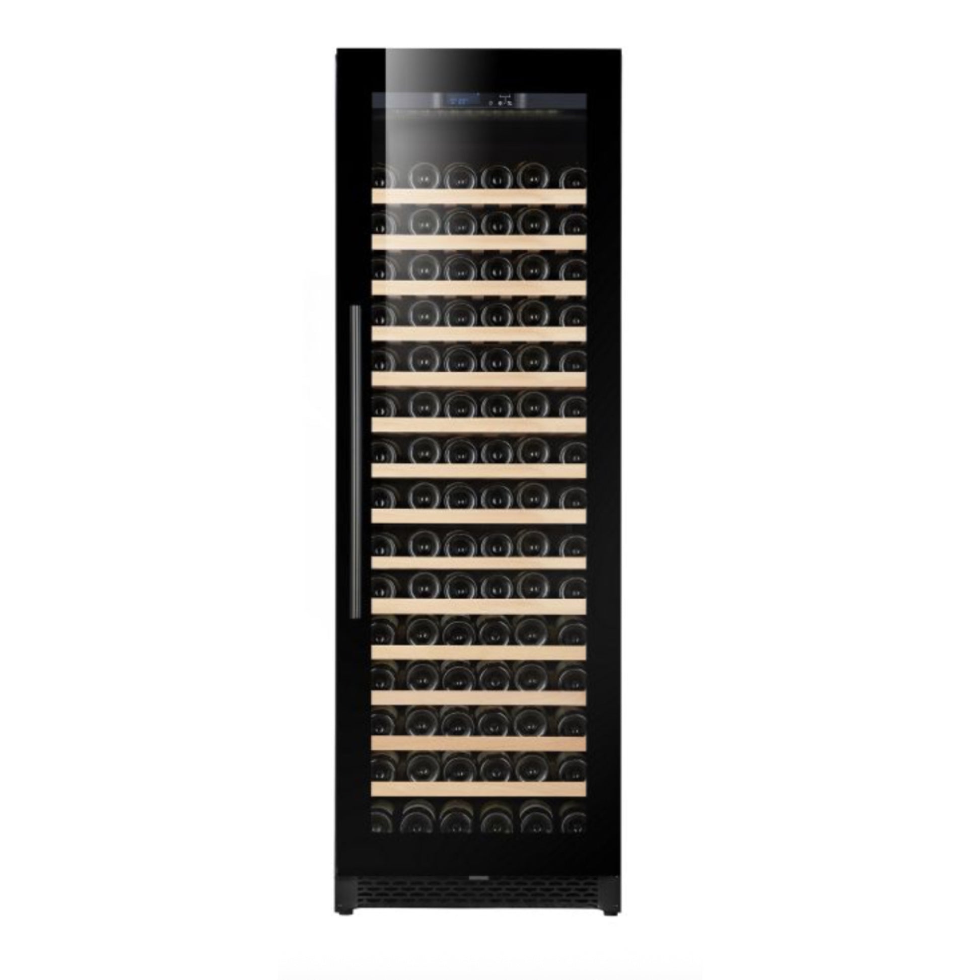Black wine cooler with glass door displaying rows of wine bottles on a white background