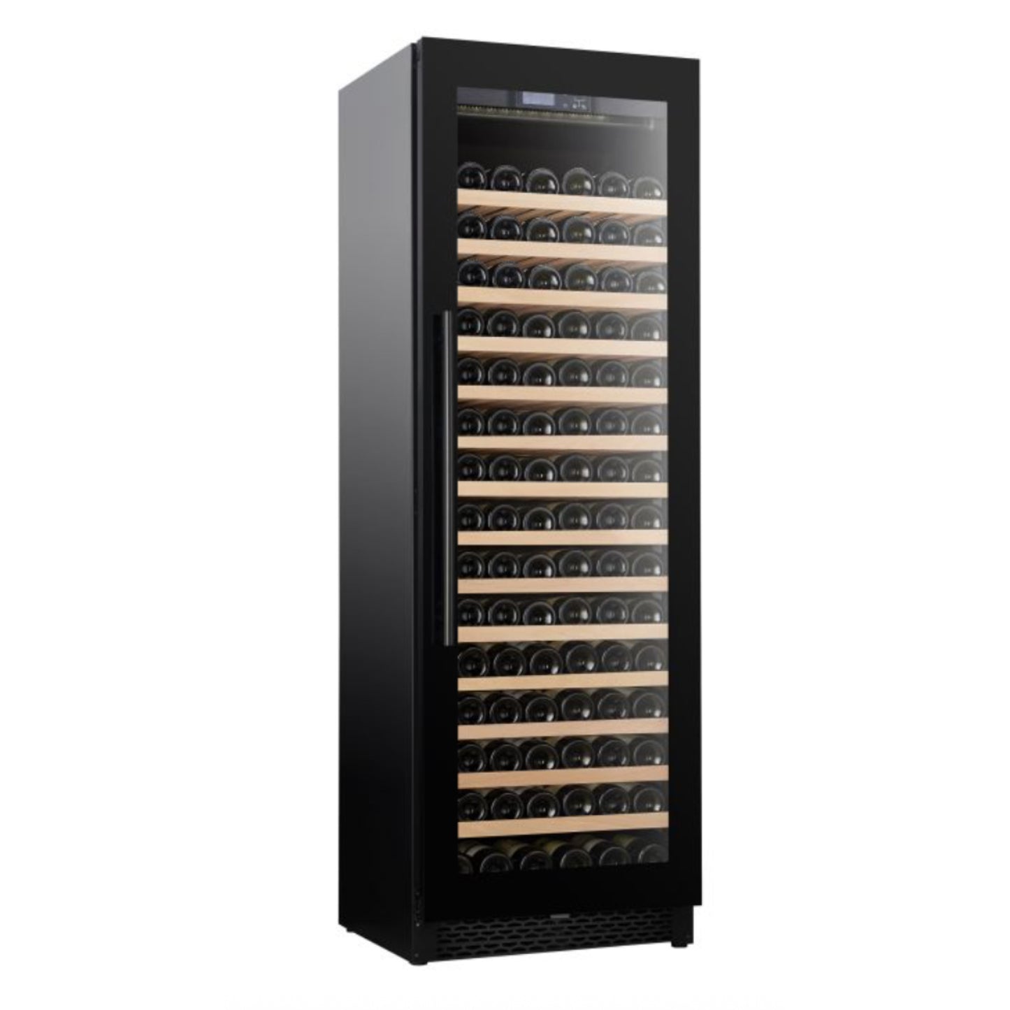 Black wine cooler with glass door displaying rows of wine bottles on a white background