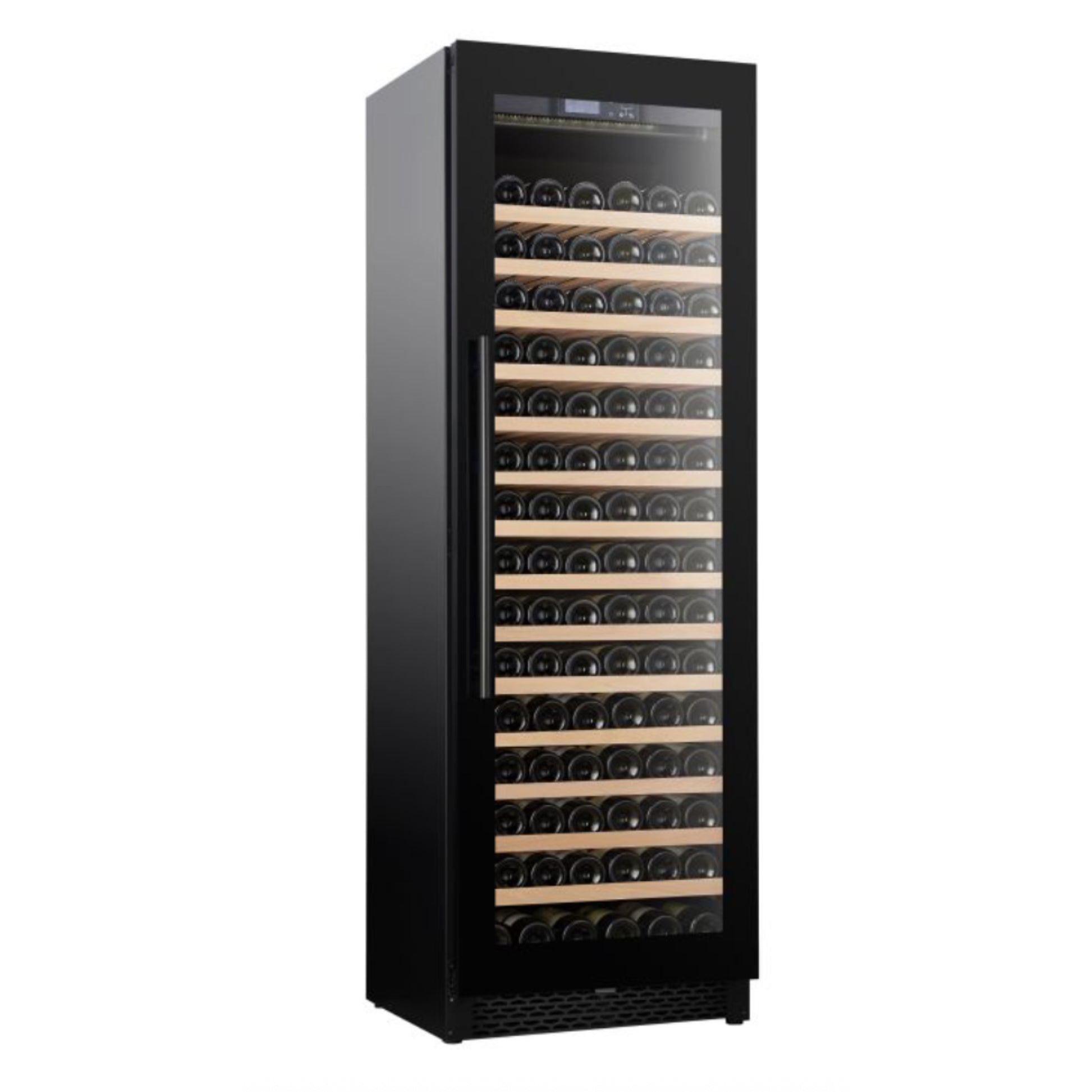 Black wine cooler with glass door displaying rows of wine bottles on a white background