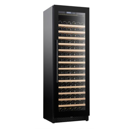 Black wine cooler with glass door displaying rows of wine bottles on a white background