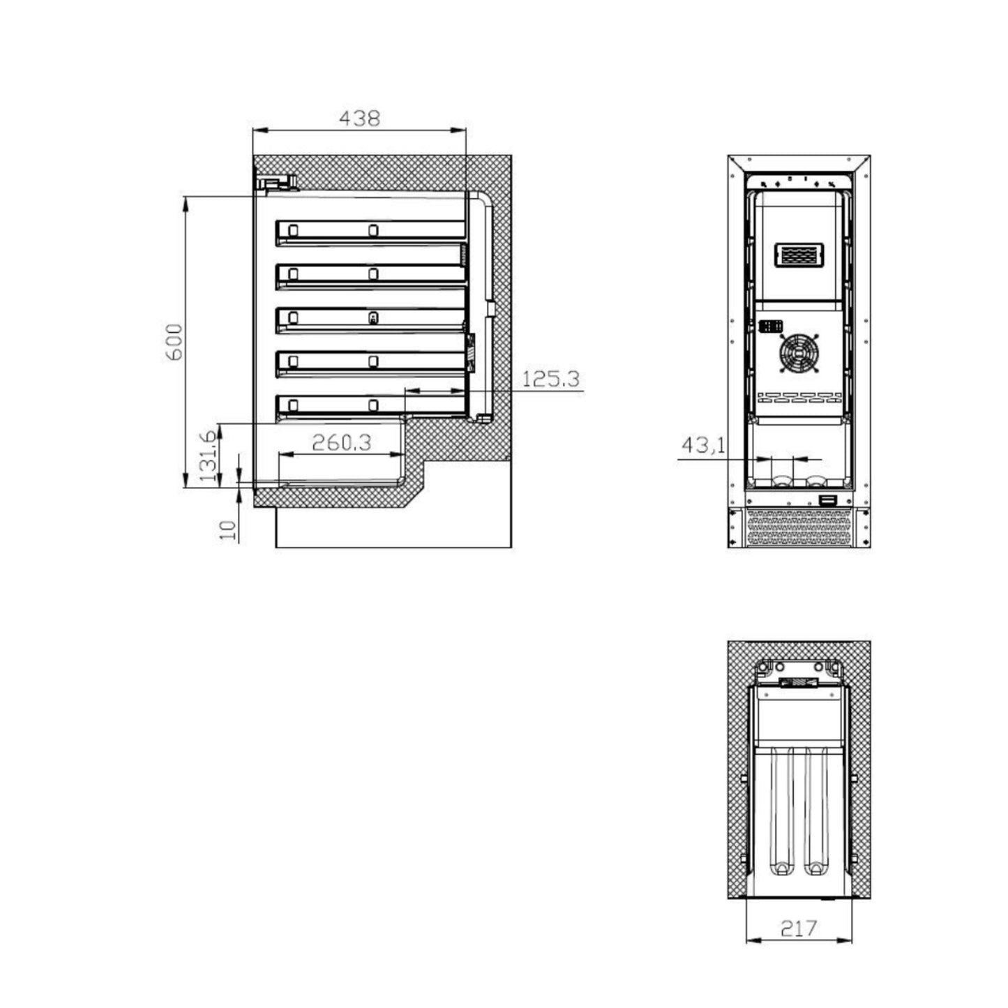 Technical drawing of a vertical refrigerator with dimensions