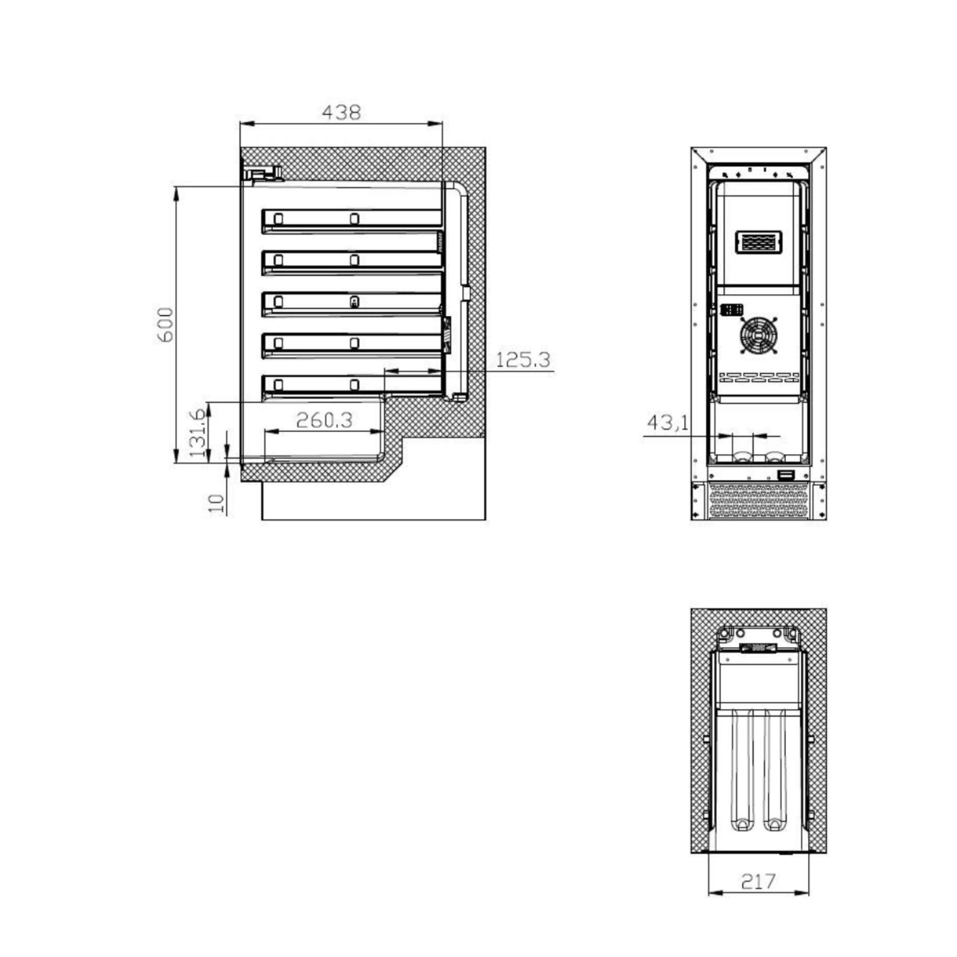 Technical drawing of a vertical refrigerator with dimensions