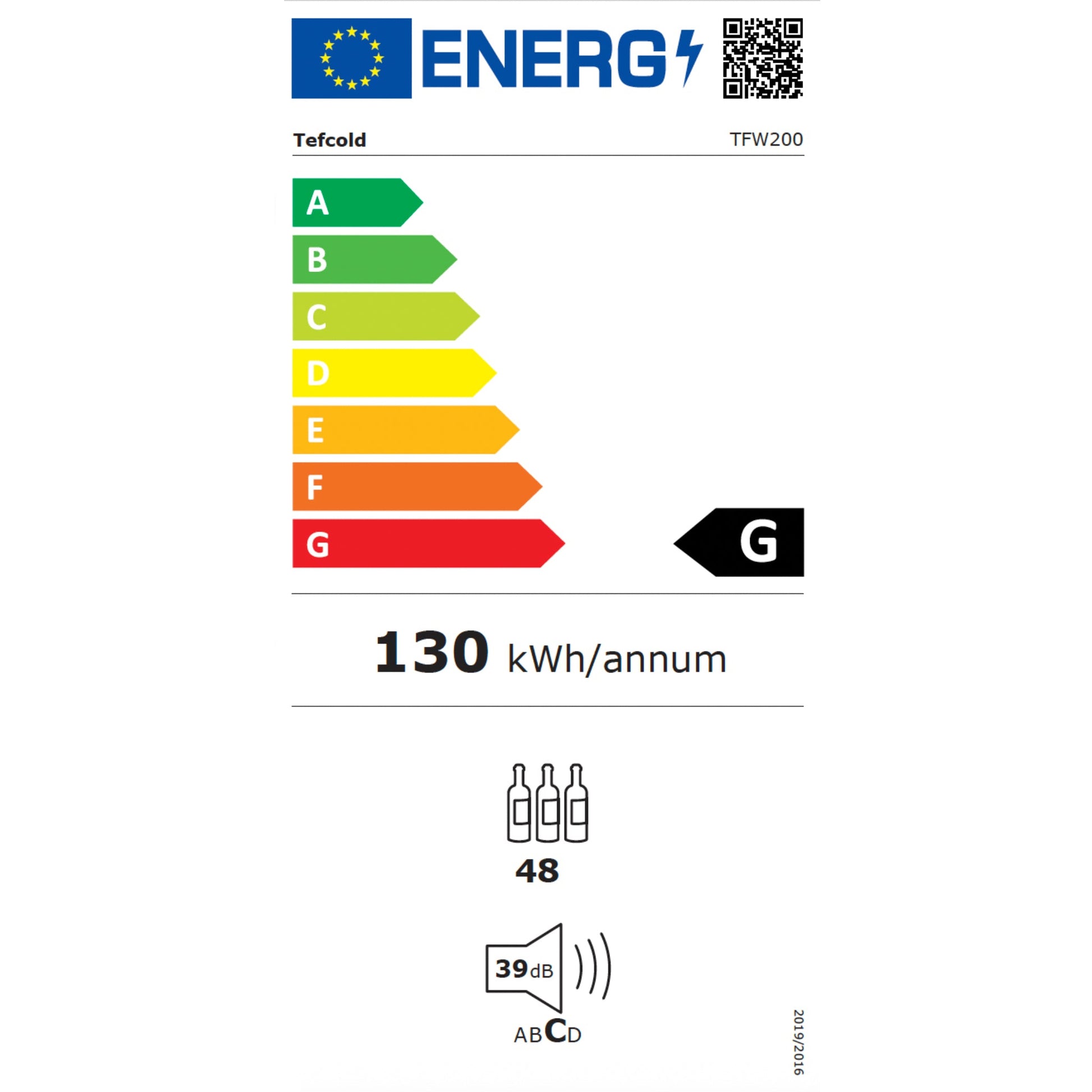 Energy efficiency label with color-coded rating system and numerical data on a white background