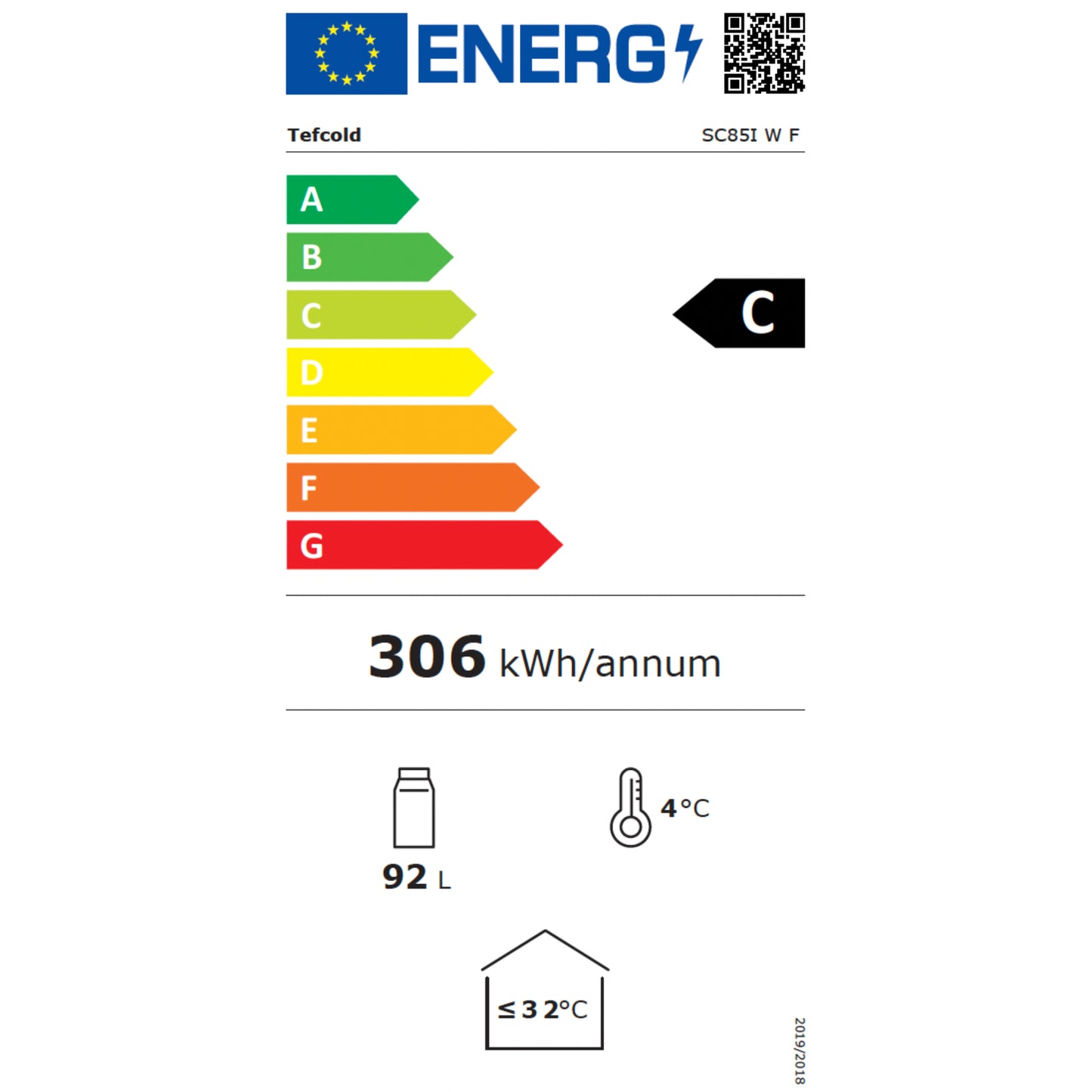 Energy efficiency label with color-coded rating system and numerical data on a white background