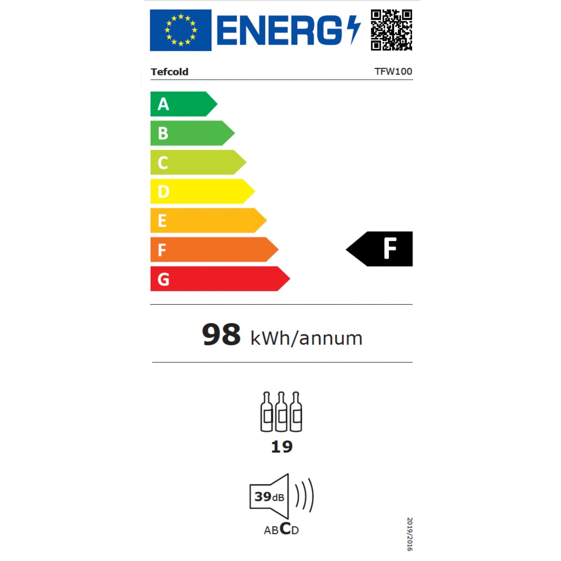 Energy efficiency label with a rating of F, 98 kWh/year, and other icons on a white background.