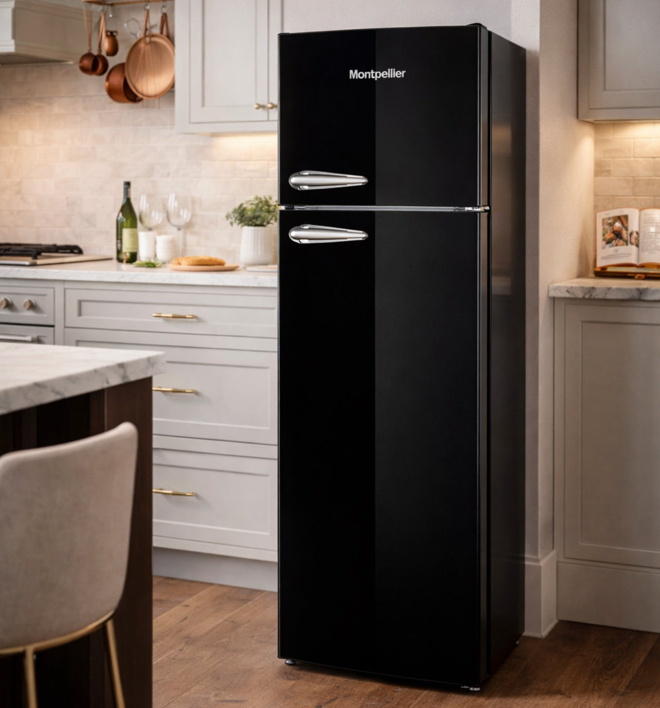 Black refrigerator in a modern kitchen setting