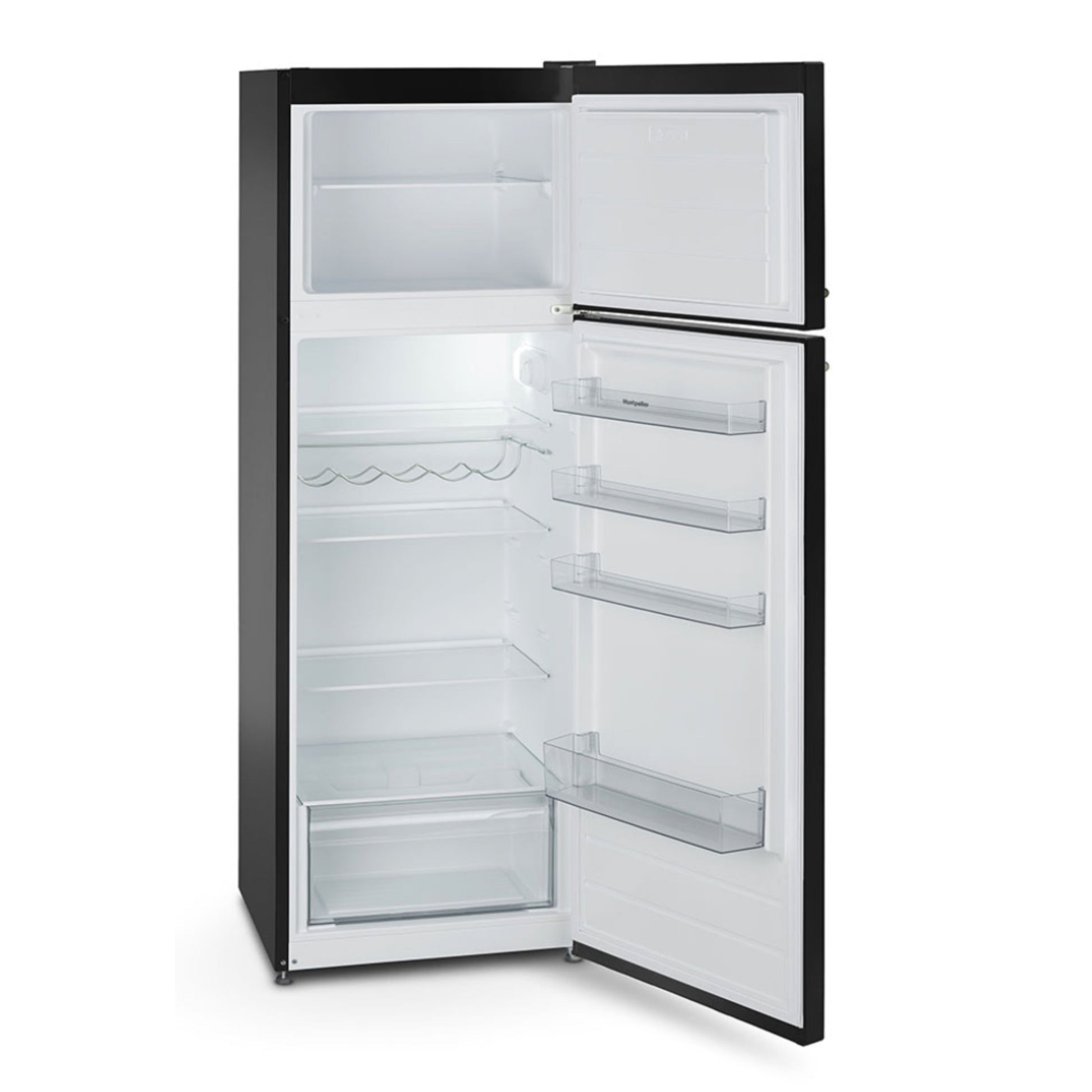 Black refrigerator with open doors on a white background