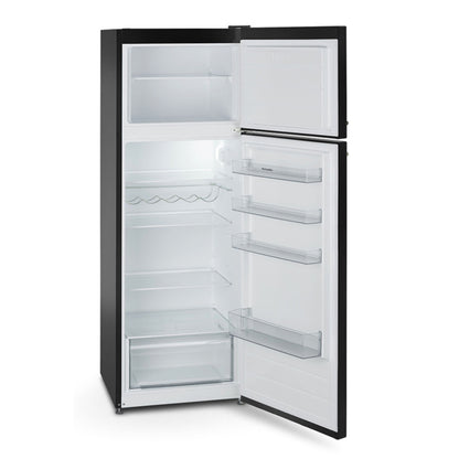 Black refrigerator with open doors on a white background