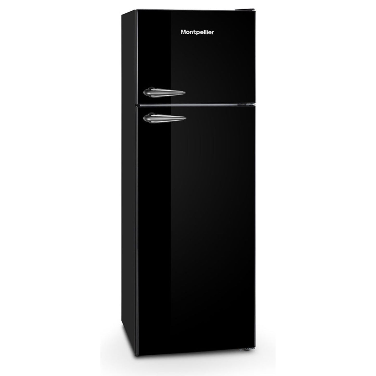 Black refrigerator with 'Montpellier' branding on a white background