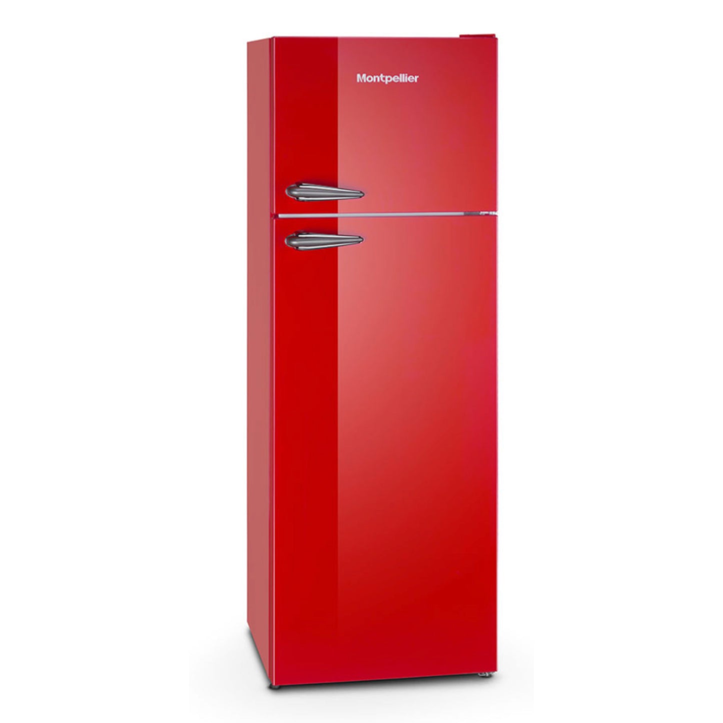 Red refrigerator with Montpellier branding on a white background