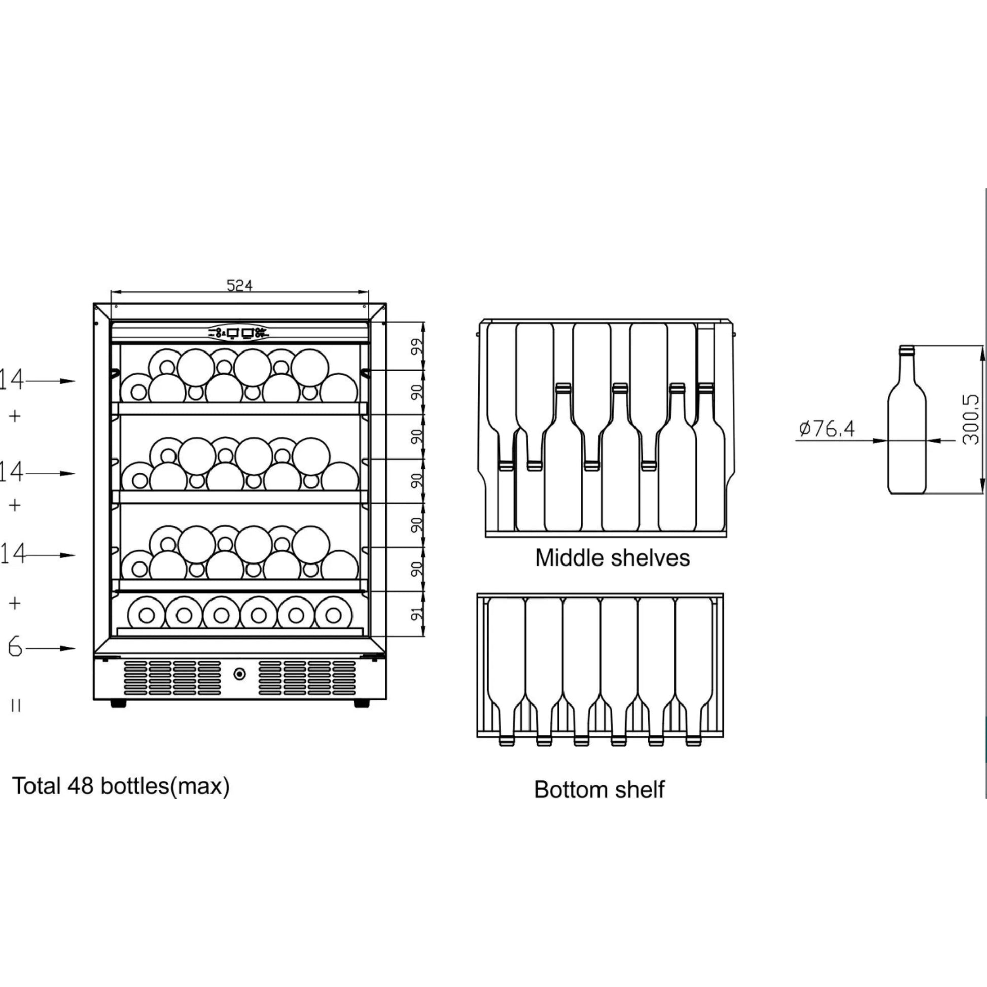 Diagram of a wine cooler with labeled shelves and bottle dimensions.