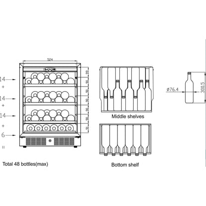 Diagram of a wine cooler with labeled shelves and bottle dimensions.