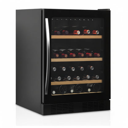 Black wine cooler with glass door displaying wine bottles on a white background