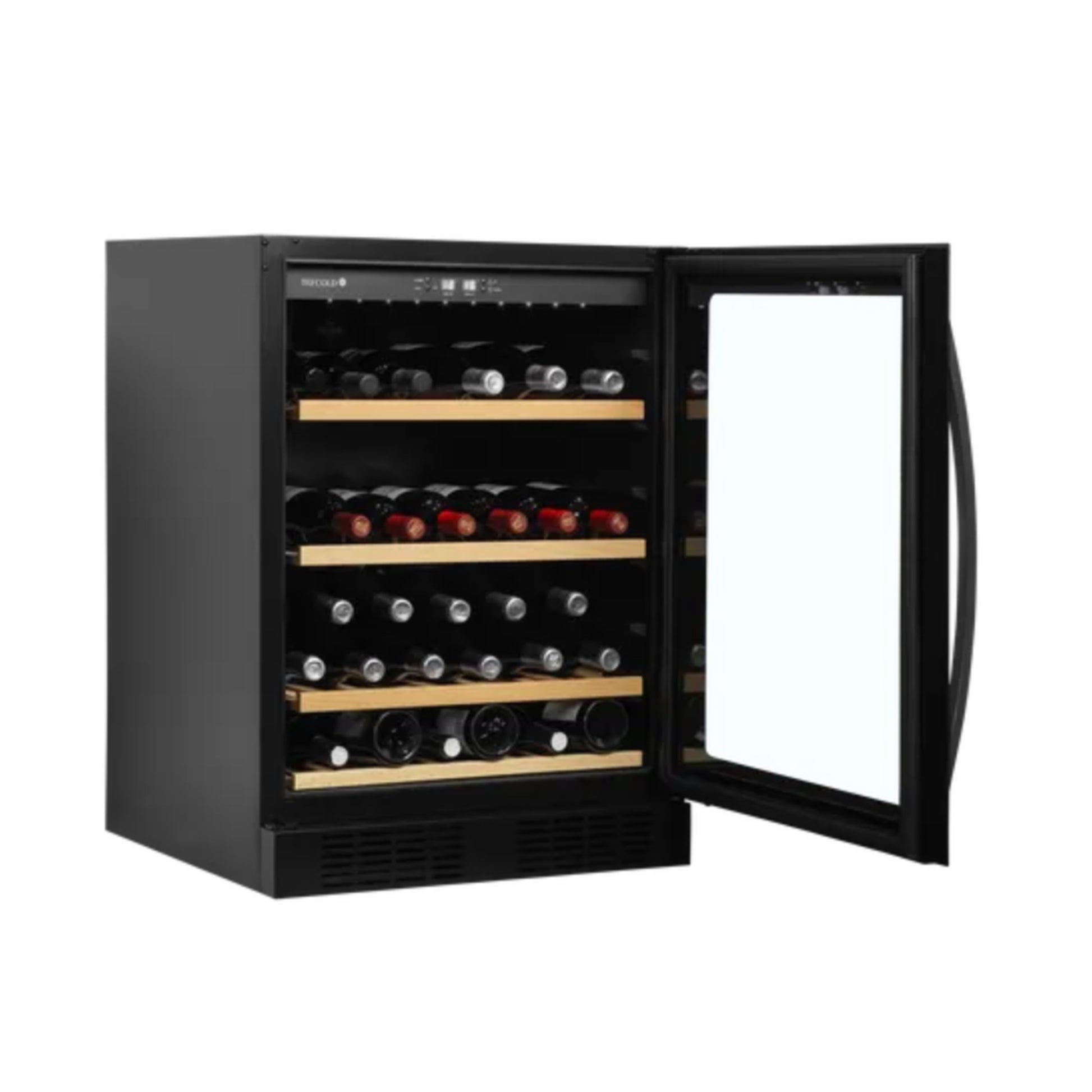 Black wine cooler with open door displaying wine bottles on a white background