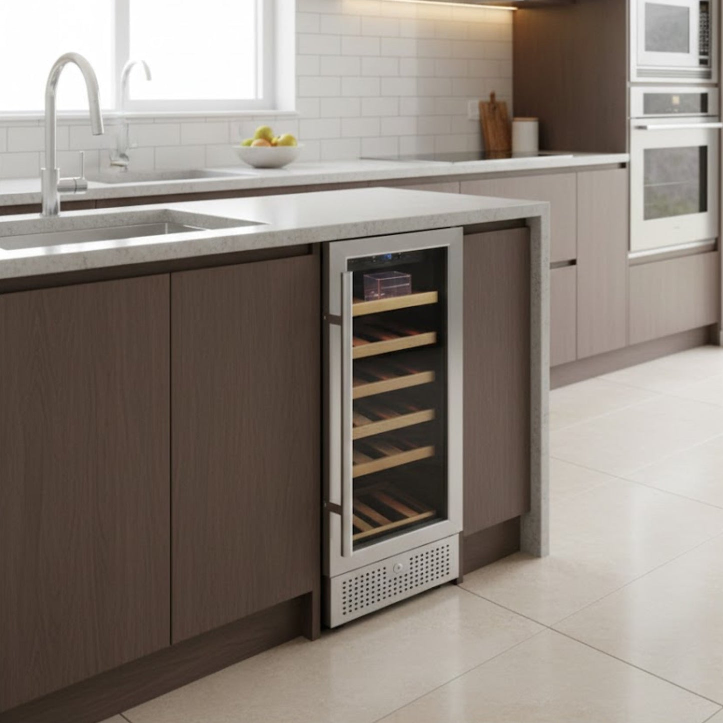 Modern kitchen with a built-in wine cooler.