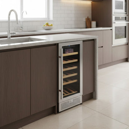 Modern kitchen with a built-in wine cooler.