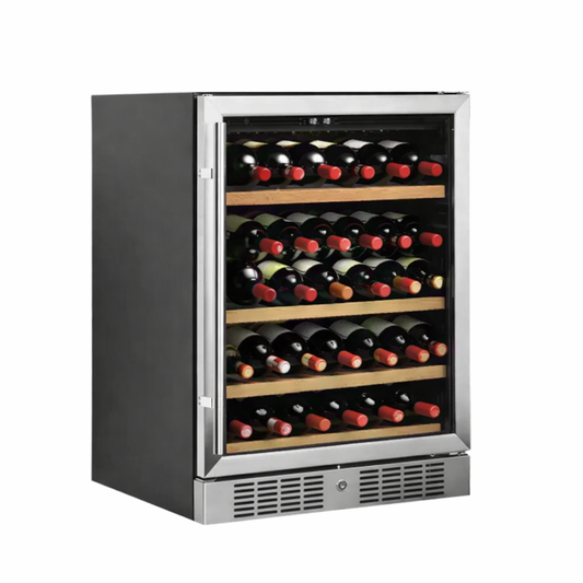 Wine cooler with wine bottles inside on a white background