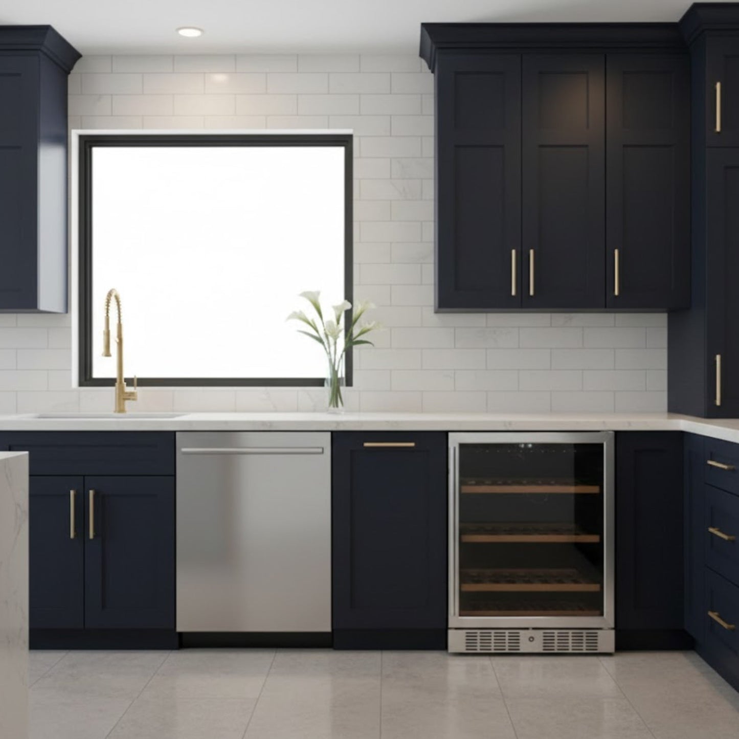 Modern kitchen with black cabinets, stainless steel appliances, and white tiled walls.