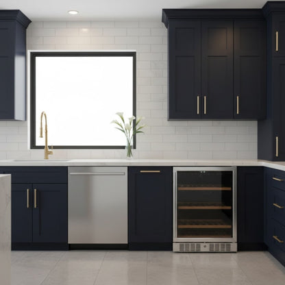 Modern kitchen with black cabinets, stainless steel appliances, and white tiled walls.