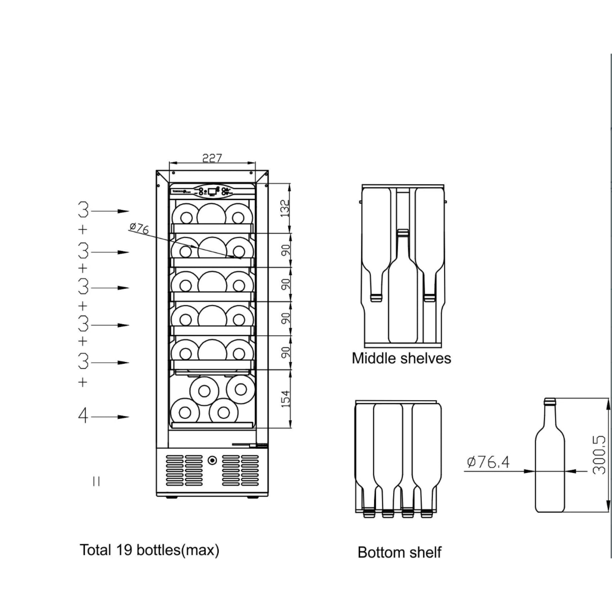 Technical drawing of a wine cooler with dimensions and shelf details