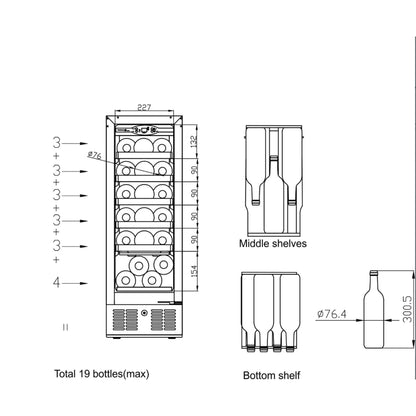 Technical drawing of a wine cooler with dimensions and shelf details