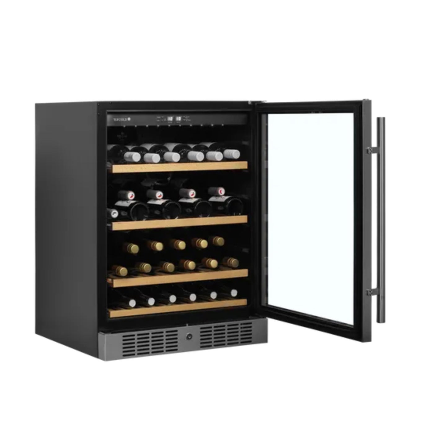 Wine cooler with open door displaying bottles inside on a white background