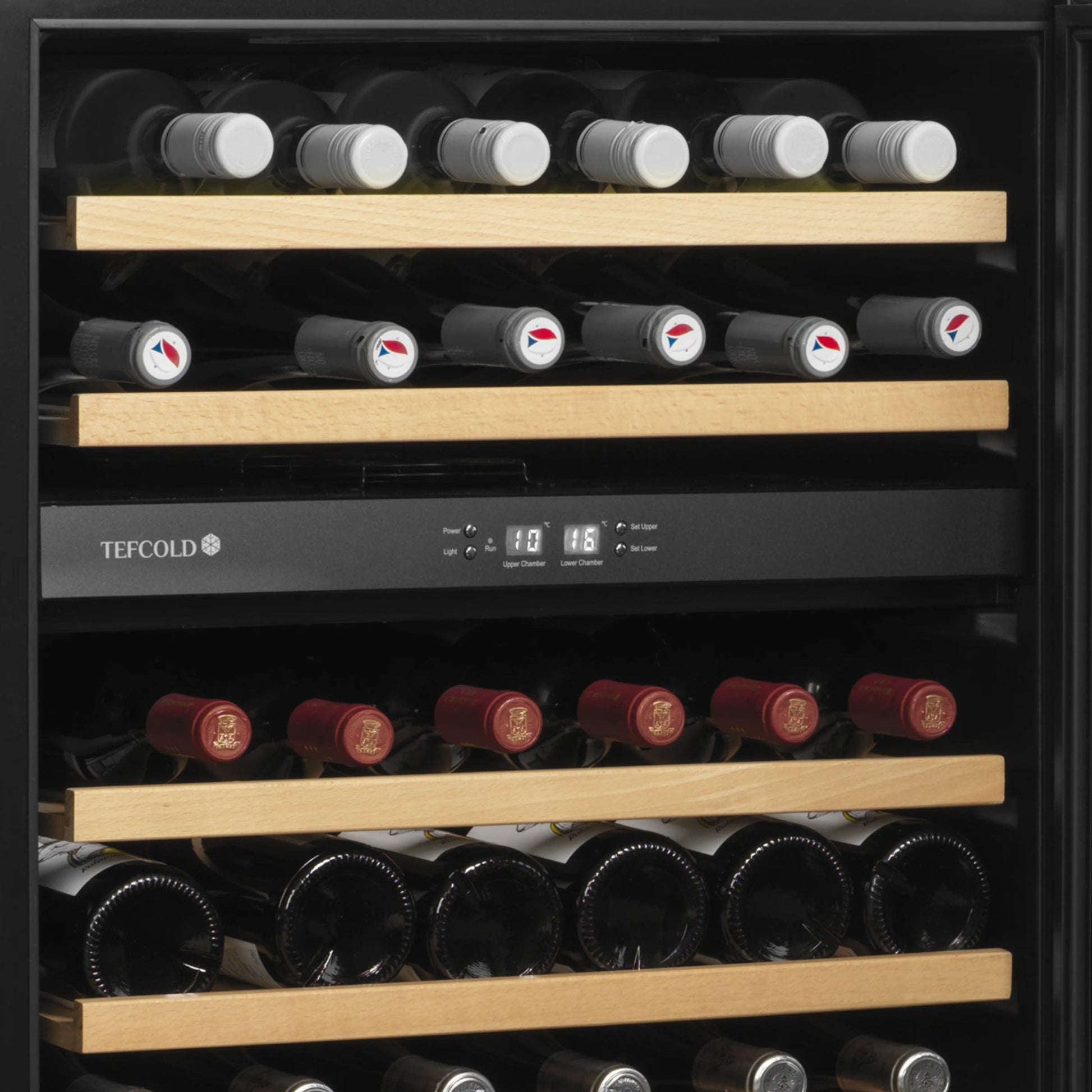 Tefcold wine cooler with wooden shelves and wine bottles inside
