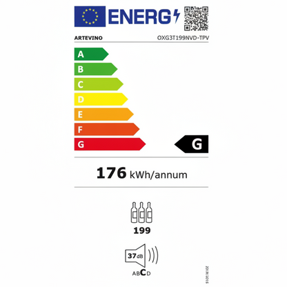 Energy label with a rating scale from A to G and specific values on a white background