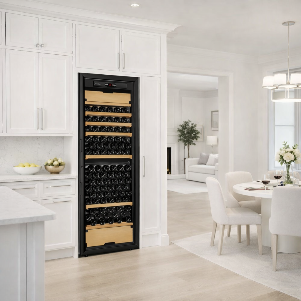 Black wine cooler in a modern kitchen with white cabinets and a dining area.