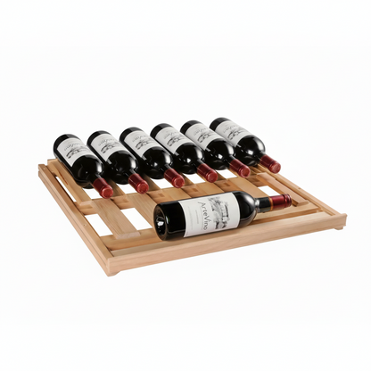 Wooden wine rack holding six bottles of wine on a white background