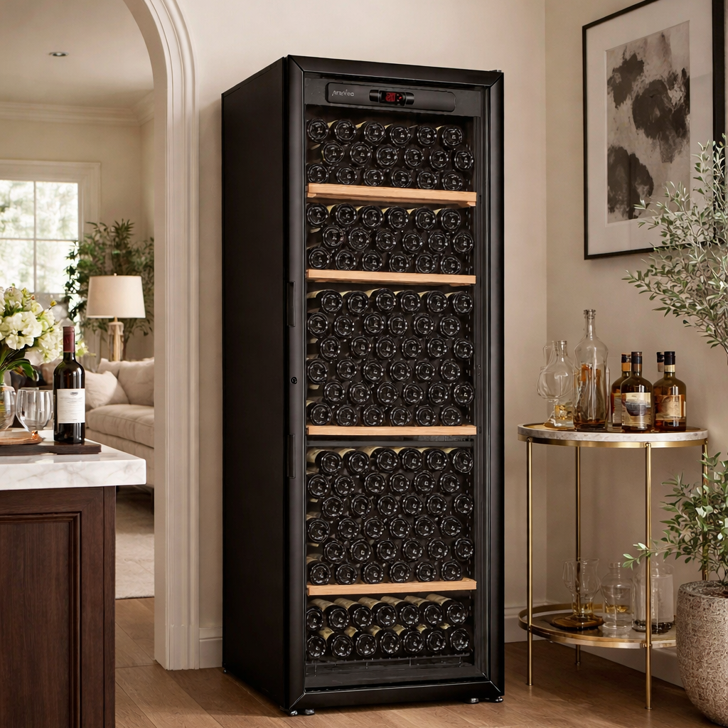 artevino by eurocave wine cabinet 230 bottle capacity black glass door in stylish home