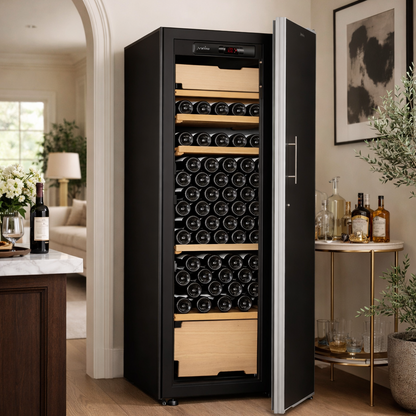 artevino oxygen 151 bottle capacity wine cooler triple zone black solid door in modern home