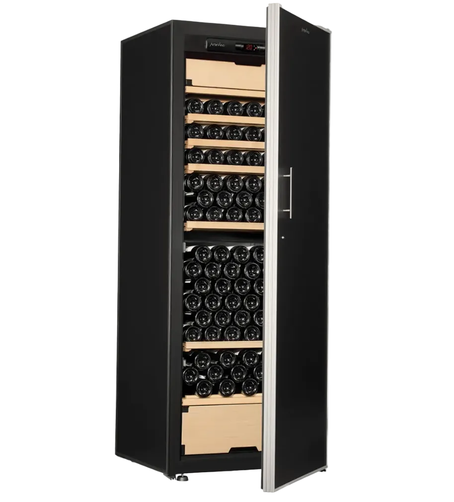Black wine cooler with open door displaying rows of wine bottles on a white background