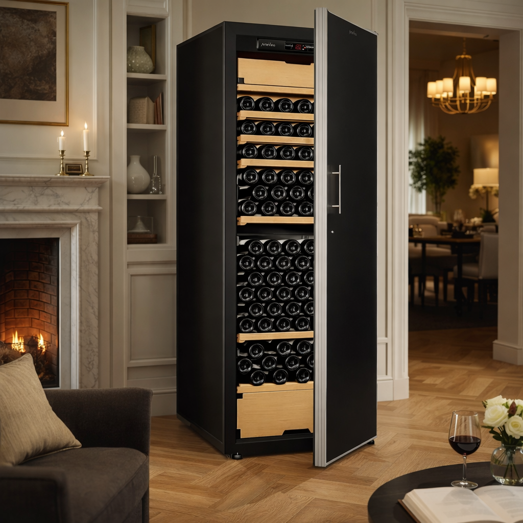 Wine cooler filled with bottles in a living room setting.