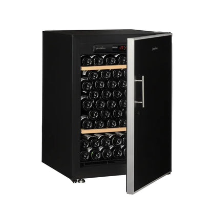 Black wine cooler with open door displaying wine bottles on a white background
