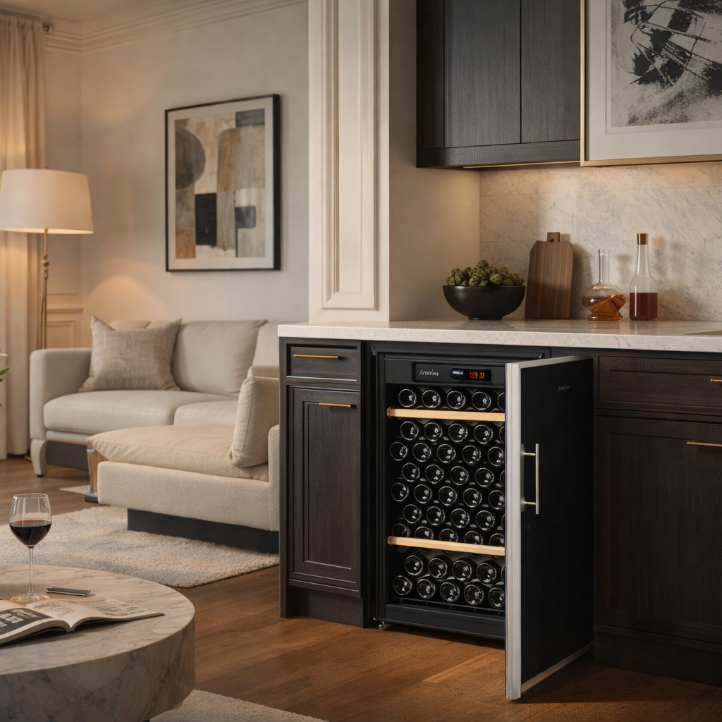 Modern kitchen with wine cooler, living room furniture, and decor.