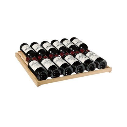 Wooden wine rack holding twelve bottles of wine on a white background
