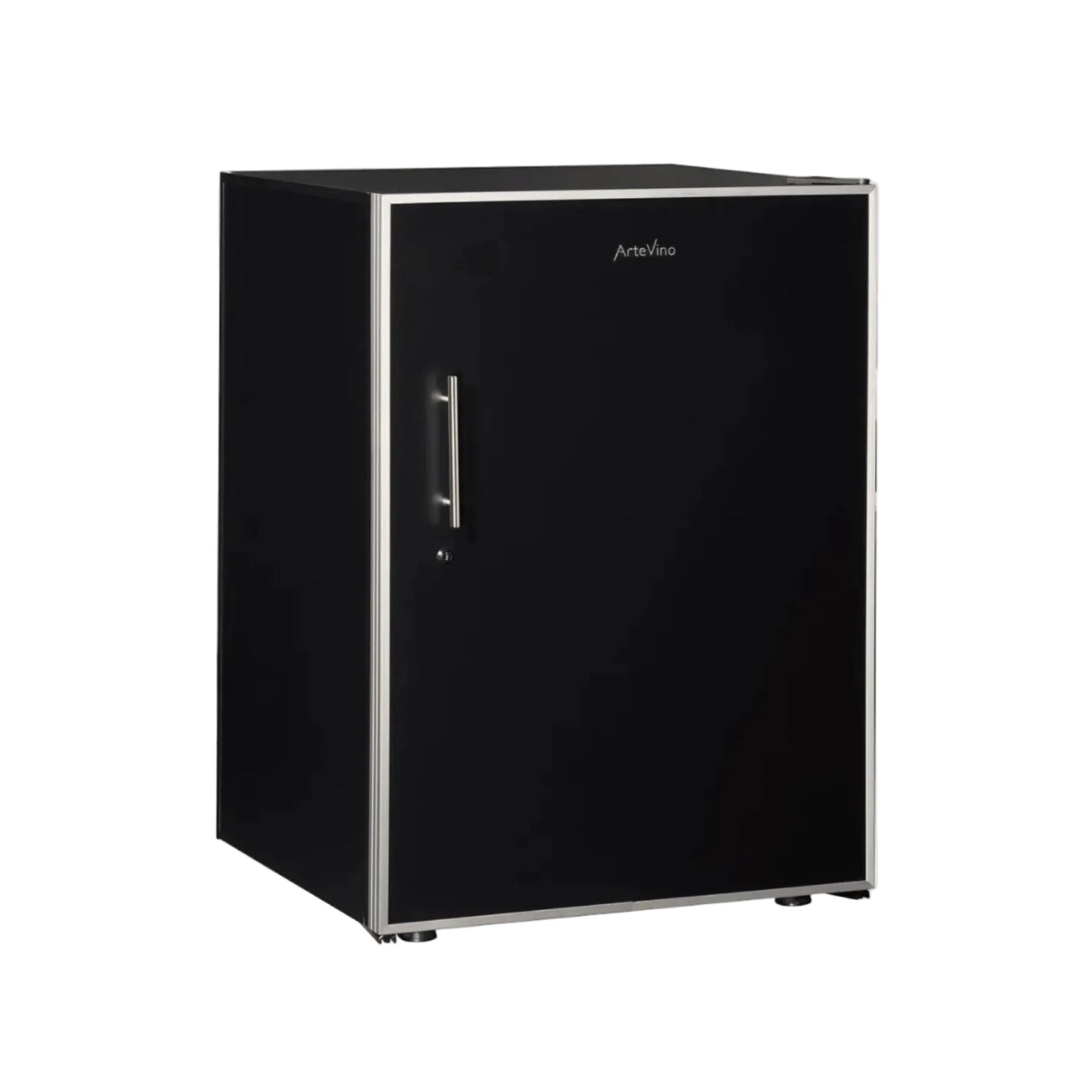 Black refrigerator with a silver handle on a beige background