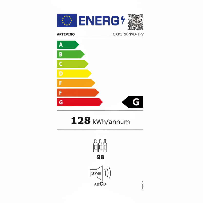 Artevino oxygen glass door black single zone 98 bottle capacity energy efficiency label 98