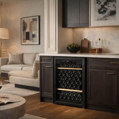 artevino_oxygen_glass_door_black_single_zone_98_bottle_capacity_in_stylish_home