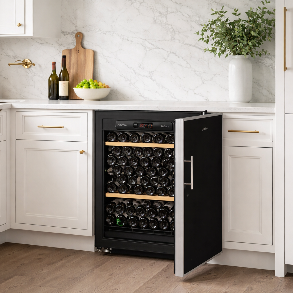 artevino oxygen multizone wine cooler black solid door 98 bottle capacity in elegant kitchen