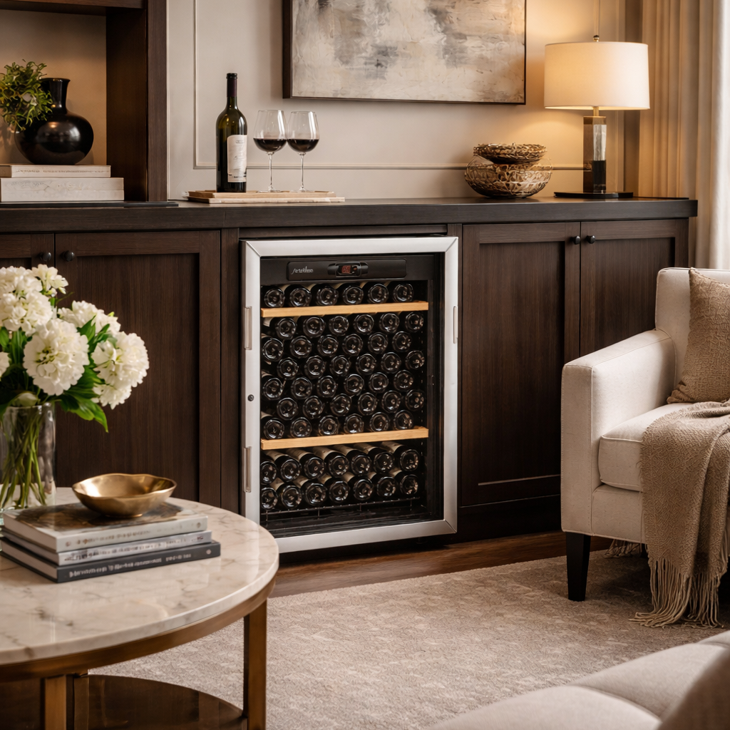 artevino oxygen silver frame glass door 98 bottle capacity multizone in elegant home