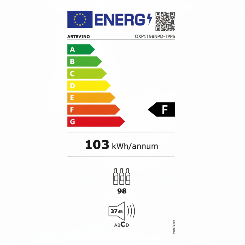 Energy label with a rating scale from A to F on a white background