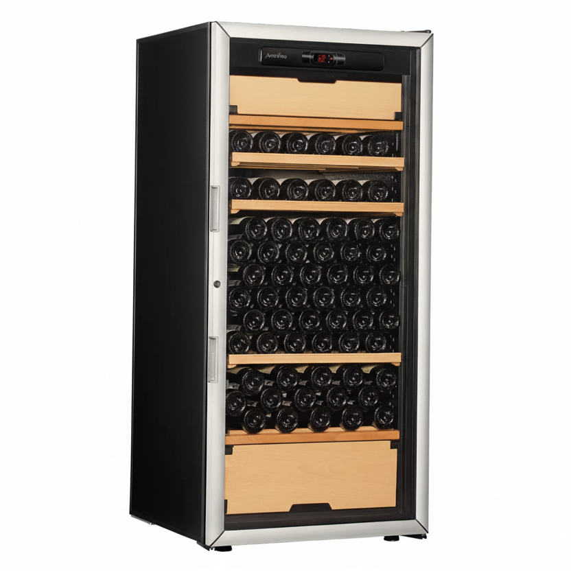 artevino oxygen wine cooler silver glass door 151 bottle capacity triple zone 